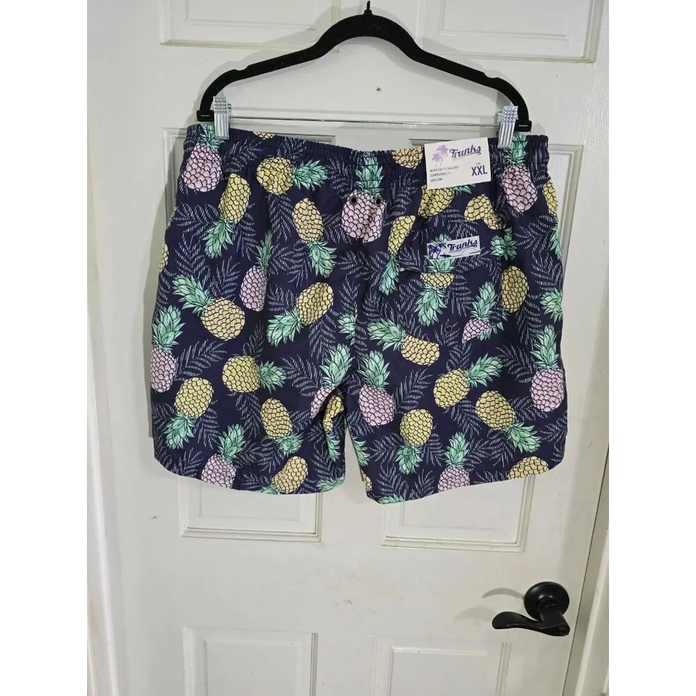 Trunks Mens Navy Blue Pineapple Print Swim Shorts‎ Drawstring Waist size 2XL NWT